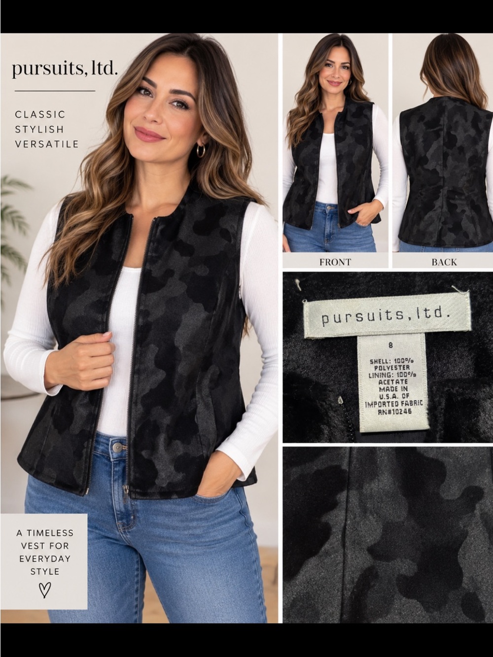 Pursuits, Ltd. Black Camouflage Zip-Front Vest